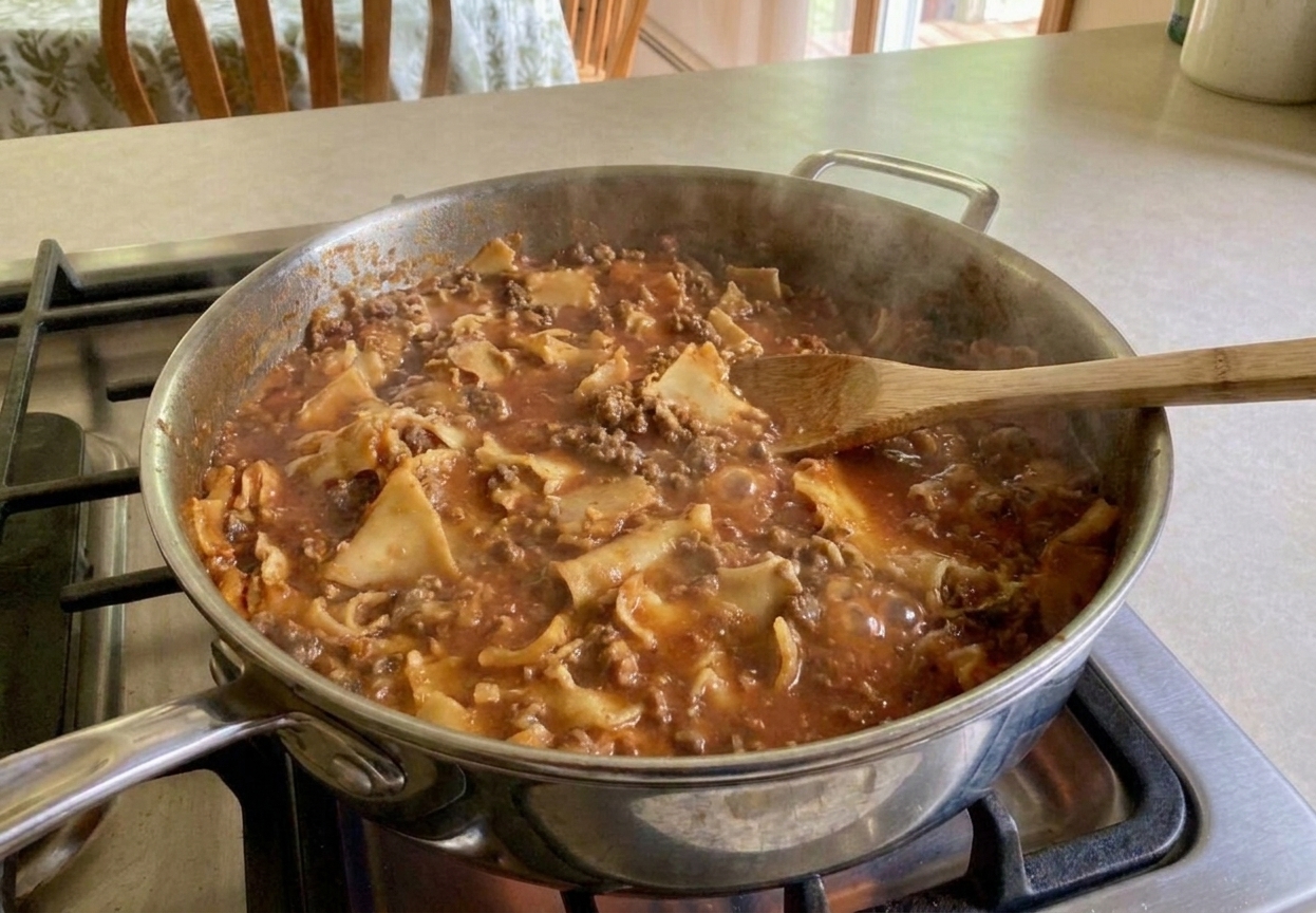 A skillet on a stovetop with ground beef simmering in a rich tomato sauce, a wooden spoon resting in the pan