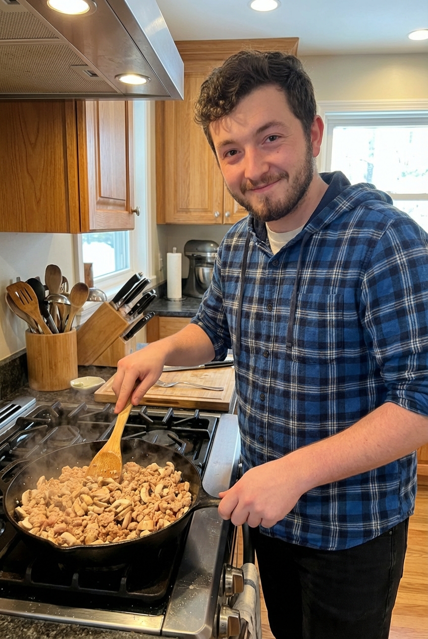 A skillet on a stovetop with ground chicken and diced mushrooms browning, with a wooden spoon stirring and steam rising
