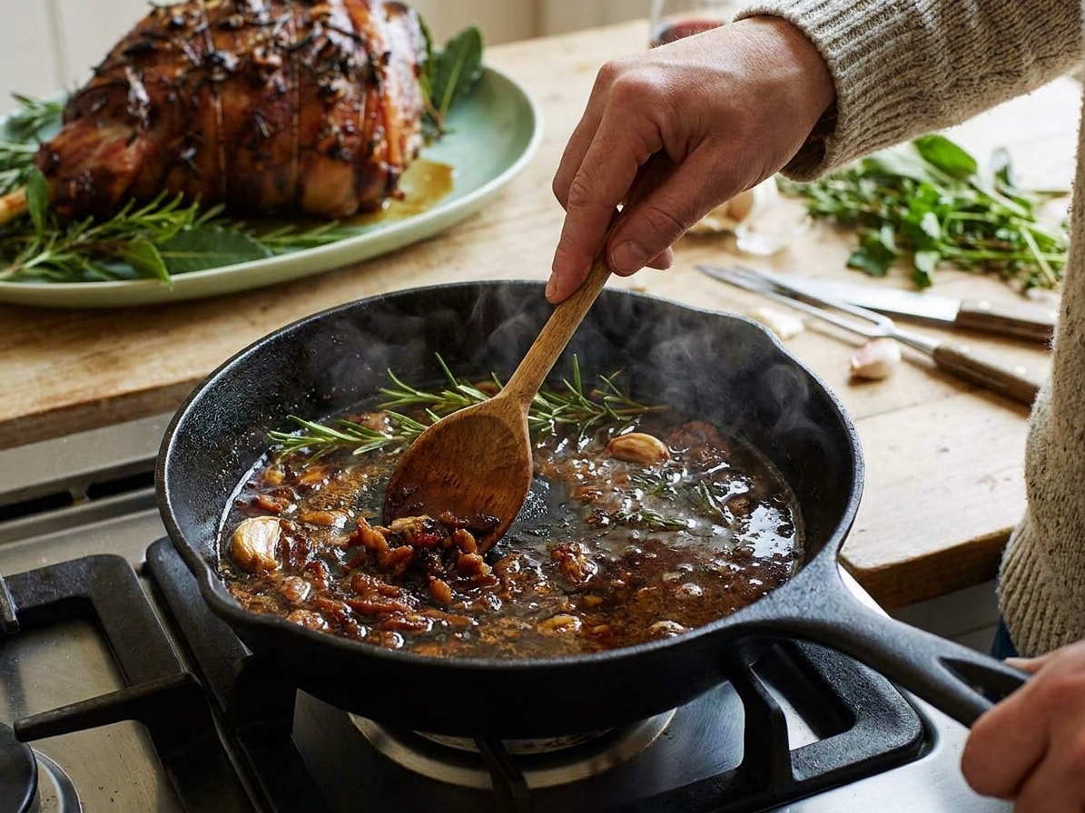 A skillet on a stovetop with lamb drippings simmering with stock as a wooden spoon scrapes browned bits into a pan sauce