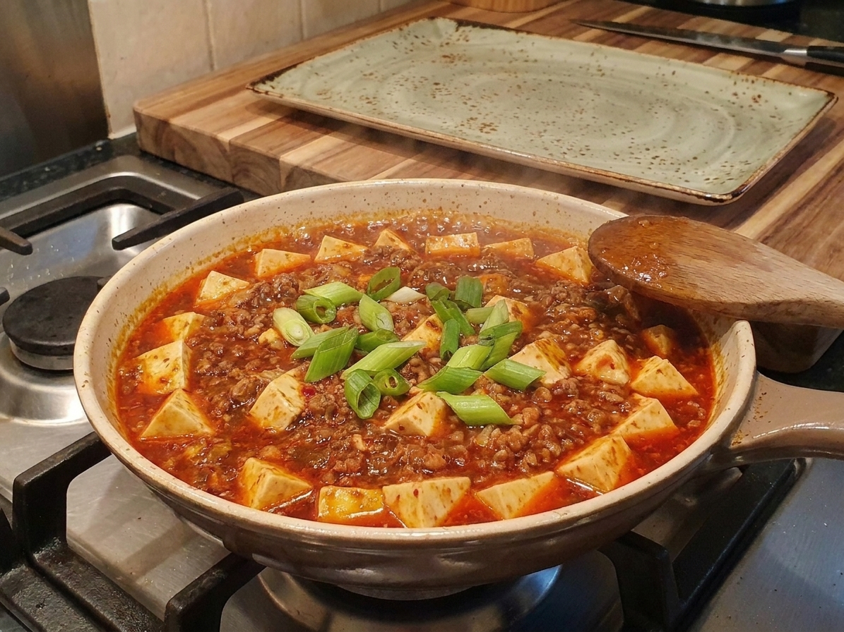 A skillet on a stovetop with mabo tofu gently simmering, tofu cubes visible in a glossy spicy sauce while a wooden spoon rests on the edge