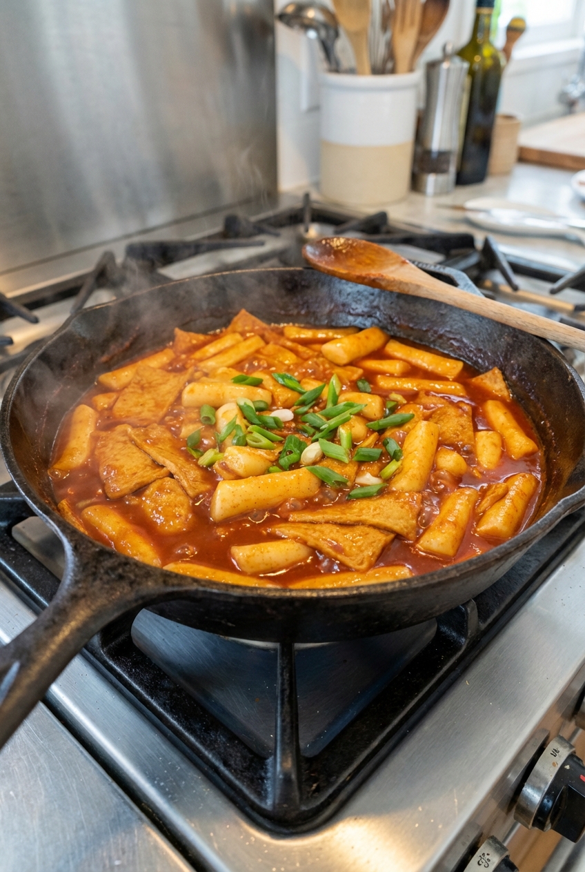 A skillet on a stovetop with savory tteokbokki simmering, showing fish cakes and scallions in the glossy sauce
