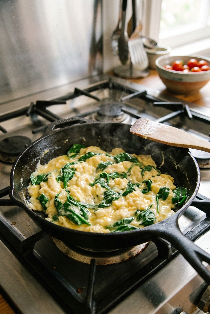 A skillet on a stovetop with scrambled eggs and spinach cooking until just set