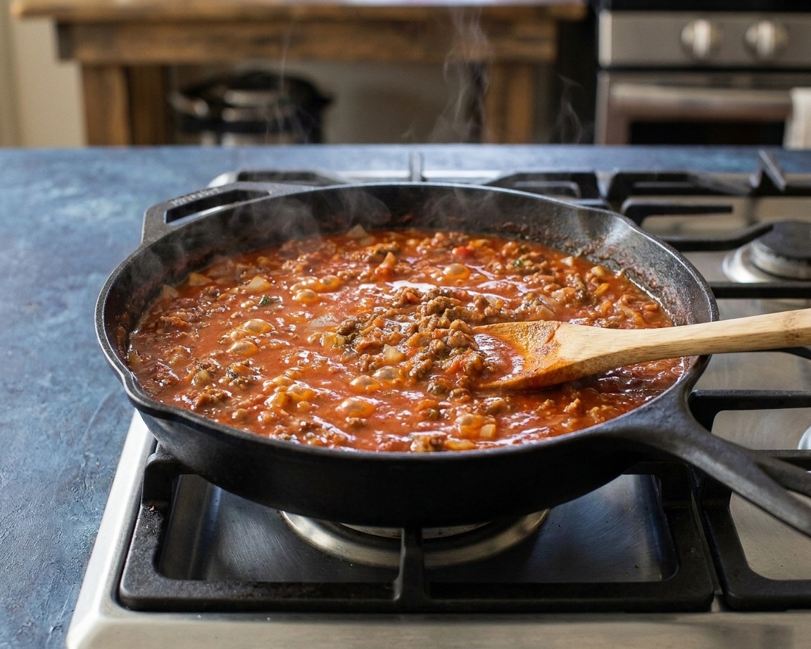 A skillet on a stovetop with simmering meat marinara sauce and a wooden spoon resting in the pan