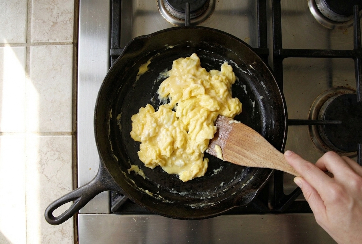 A skillet on a stovetop with soft scrambled eggs being gently stirred with a spatula