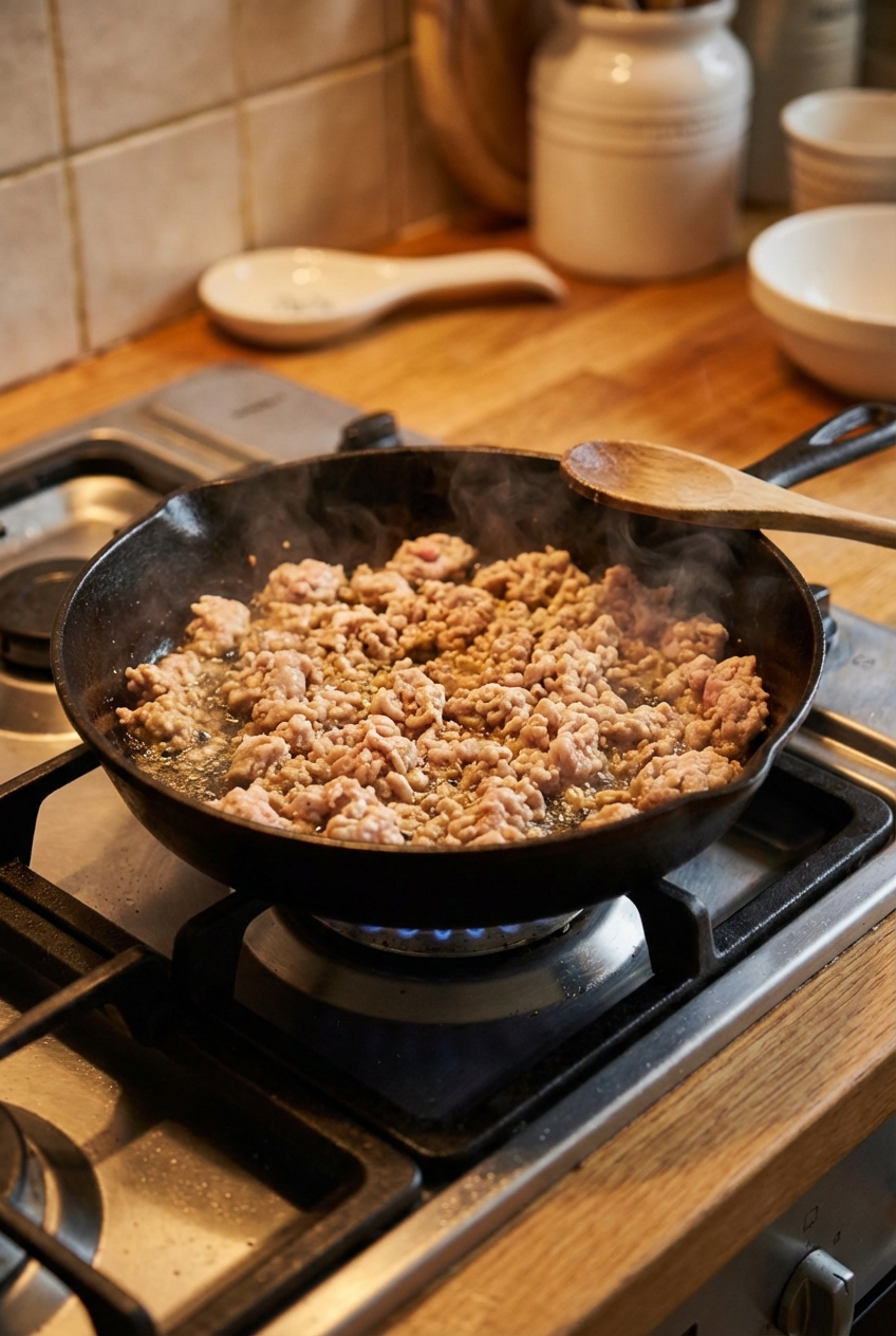 A skillet on high heat with ground chicken sizzling and browning around the edges