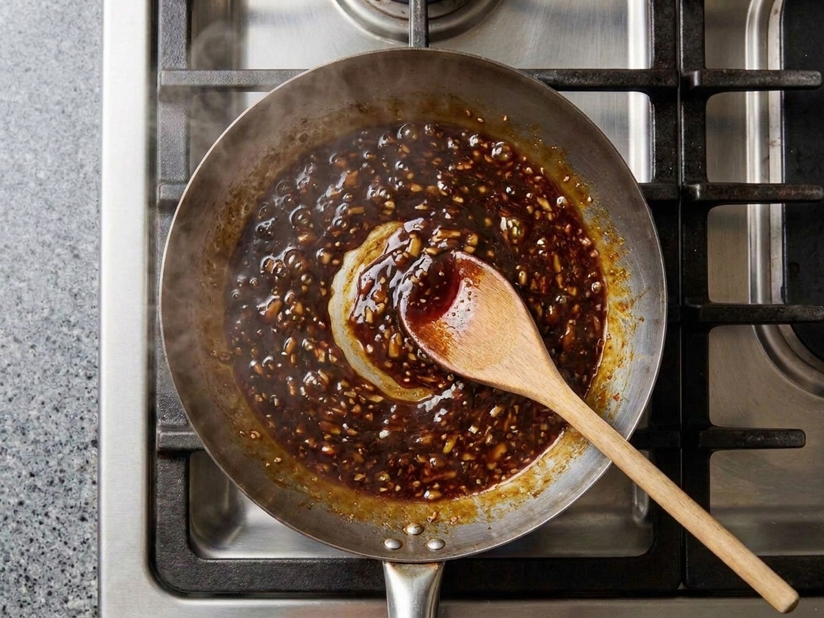 A skillet on the stove with General Tso sauce turning thick and glossy as it simmers, stirred with a wooden spoon