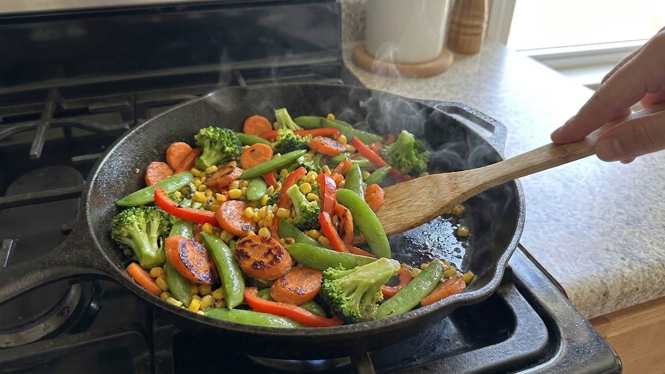 A skillet on the stove with colorful frozen stir-fry vegetables cooking over high heat, beginning to char lightly at the edges