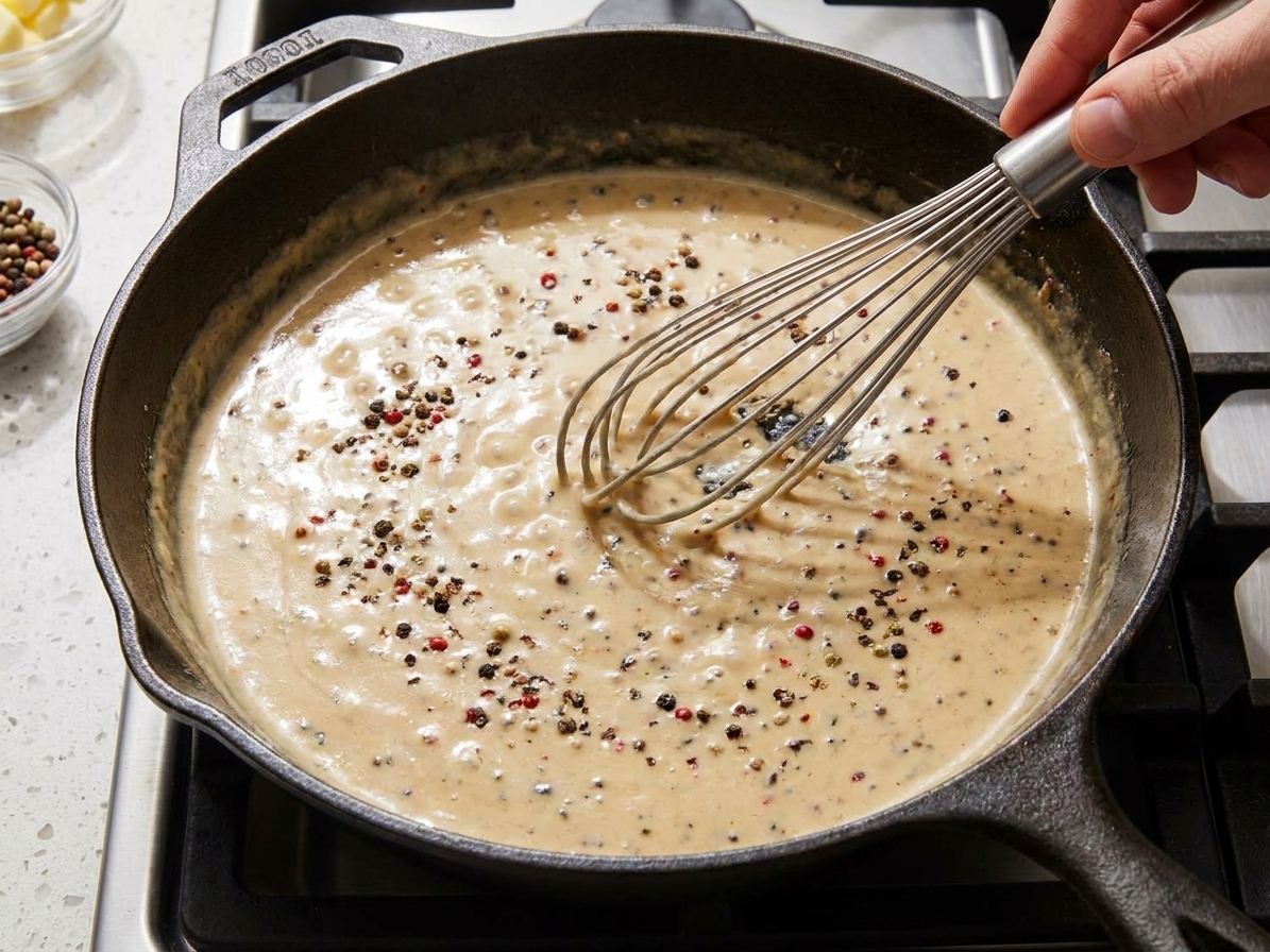 A skillet on the stove with creamy peppercorn sauce being whisked until glossy, with cracked pepper visible throughout