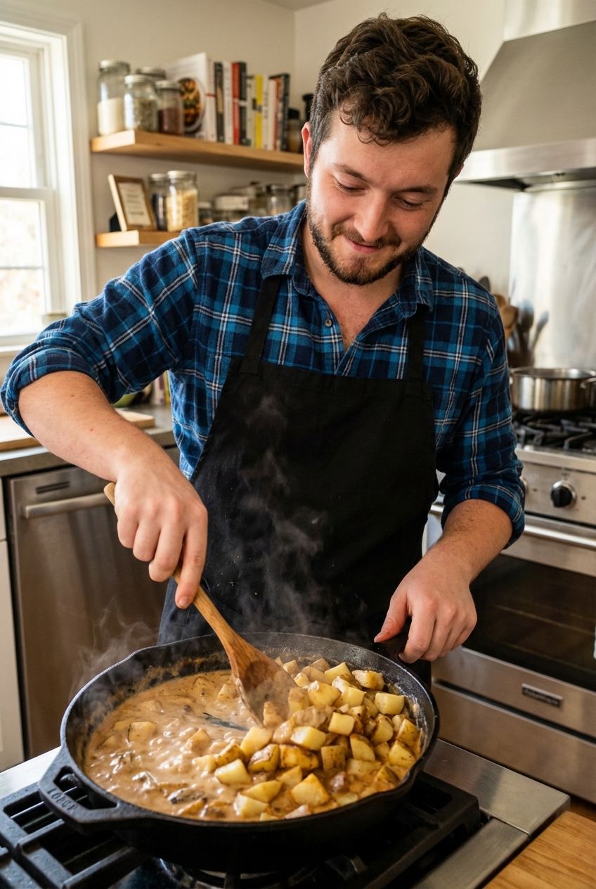 A skillet on the stove with creamy smoky sauce being stirred with a wooden spoon while potatoes are folded in
