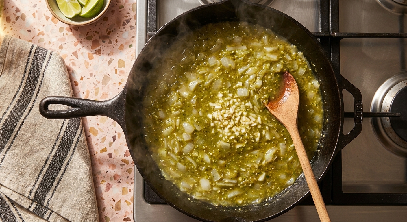 A skillet on the stove with salsa verde gently simmering with sautéed onions and garlic, steam rising under warm kitchen lighting