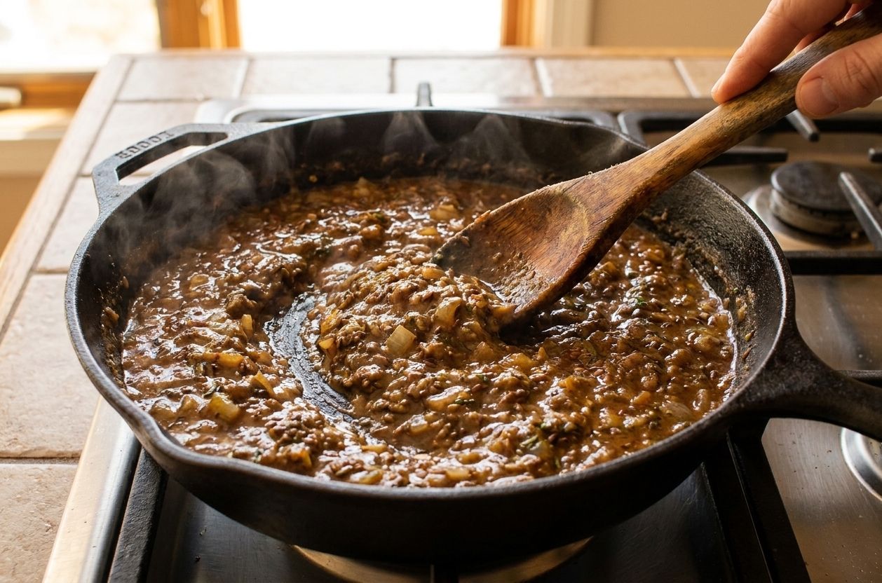 A skillet on the stove with seasoned beef patty filling simmering and thickening, with a wooden spoon stirring