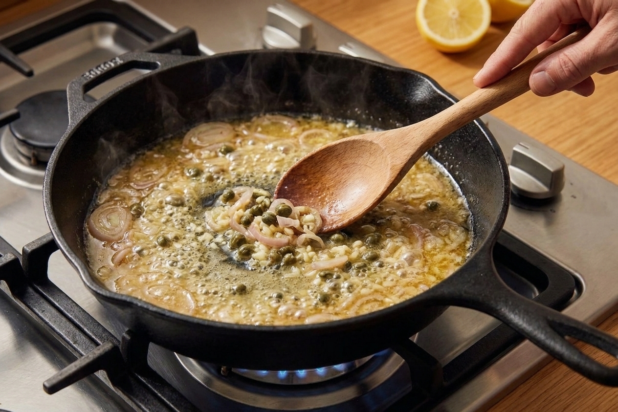 A skillet on the stove with shallots, garlic, capers, and bubbling lemon-butter sauce being stirred with a wooden spoon
