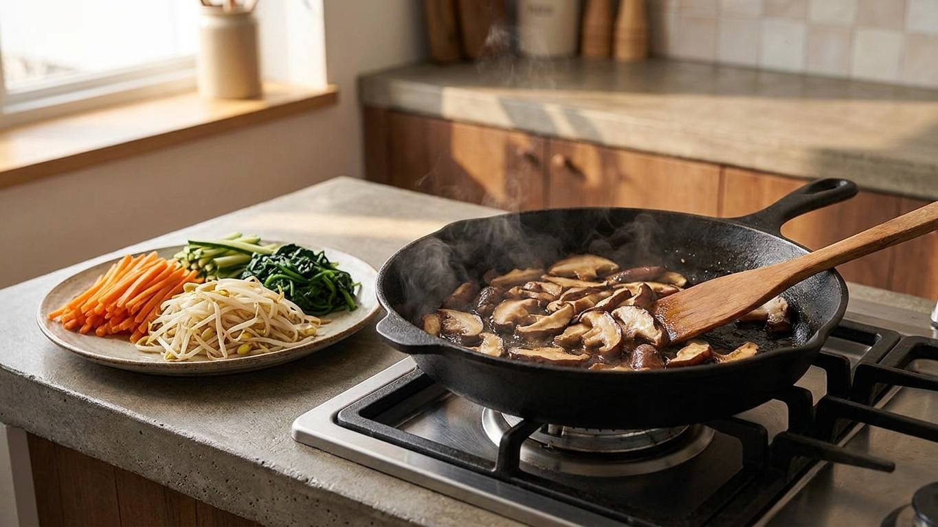 A skillet on the stove with sliced mushrooms sautéing while other cooked bibimbap vegetables rest on a plate nearby