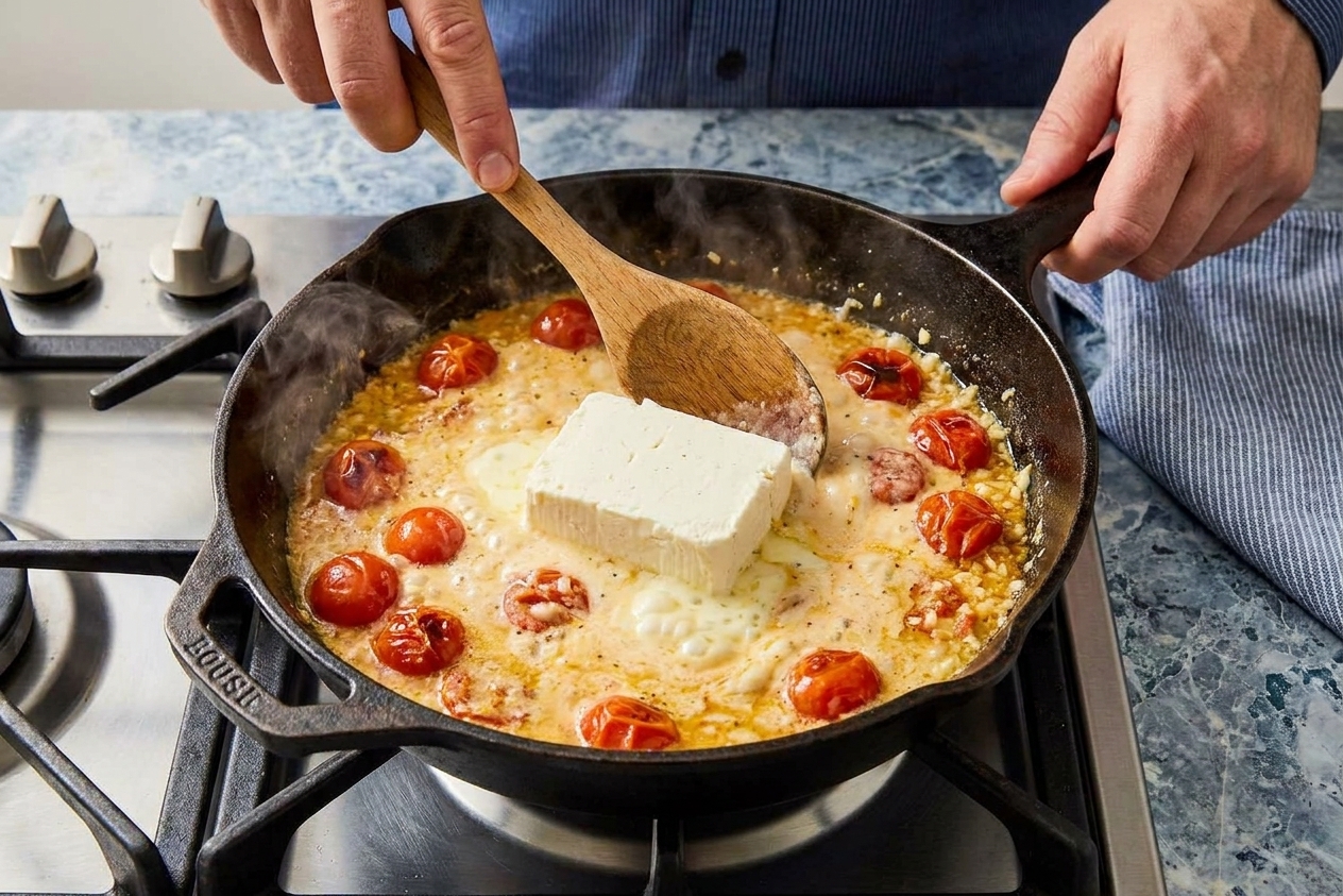 A skillet on the stovetop with Boursin cheese melting into a creamy sauce as a wooden spoon stirs, with steam rising in warm kitchen light