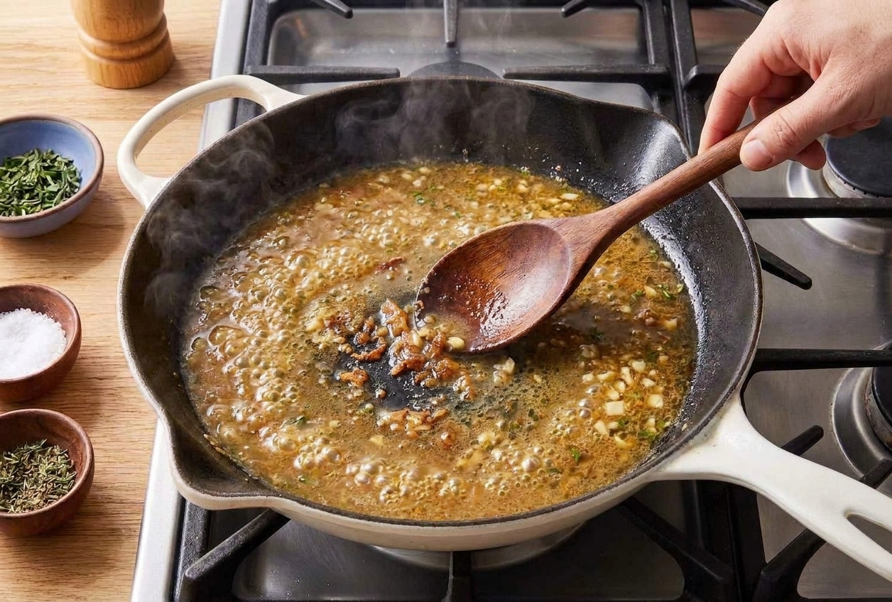 A skillet pan sauce being stirred with a wooden spoon as garlic and broth loosen browned bits from the bottom