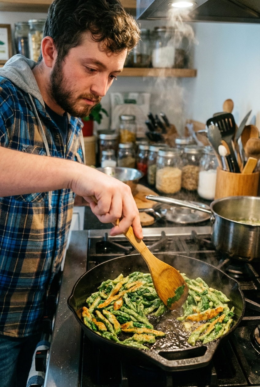 A skillet photograph of spinach spaetzle browning with crisp edges in olive oil