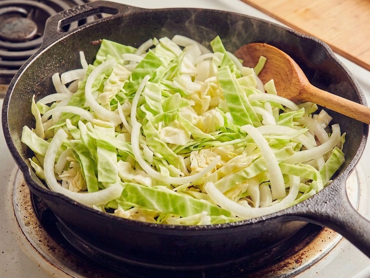 A skillet piled high with thinly sliced green cabbage and onions just after being added to the pan on the stove