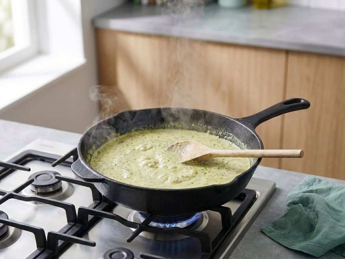 A skillet with a pale green pesto cream sauce being stirred with a wooden spoon, bubbling gently on the stove