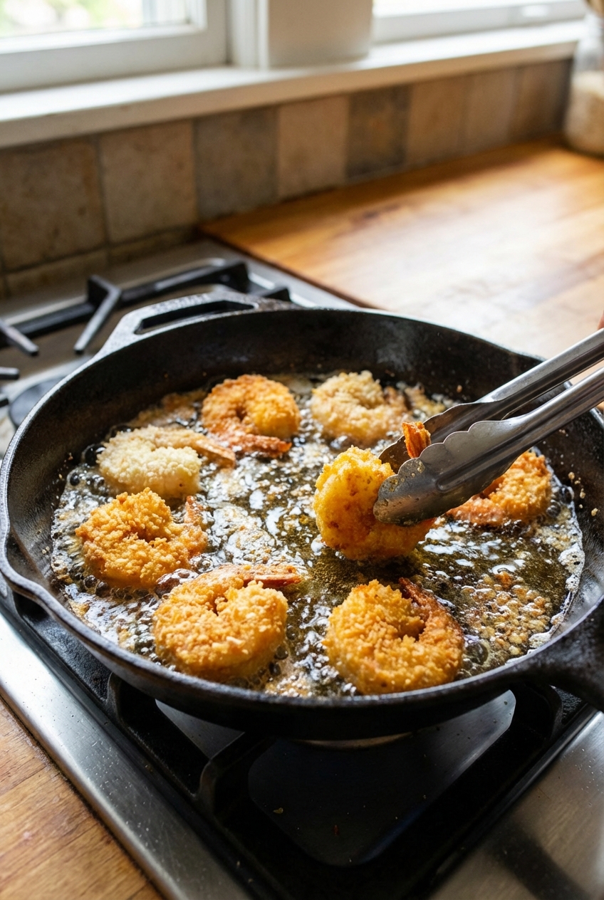 A skillet with breaded shrimp frying in hot oil until golden brown