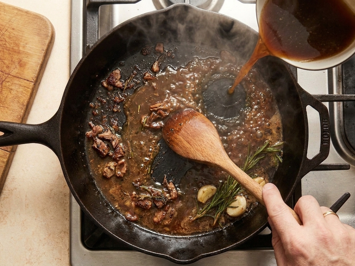 A skillet with browned bits being deglazed with broth as a wooden spoon scrapes the bottom to form a glossy sauce