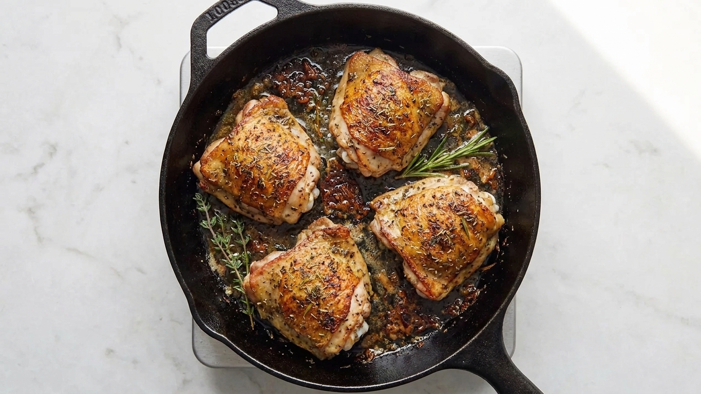 A skillet with browned chicken thighs seasoned with herbes de Provence, with sizzling juices and browned bits in the pan
