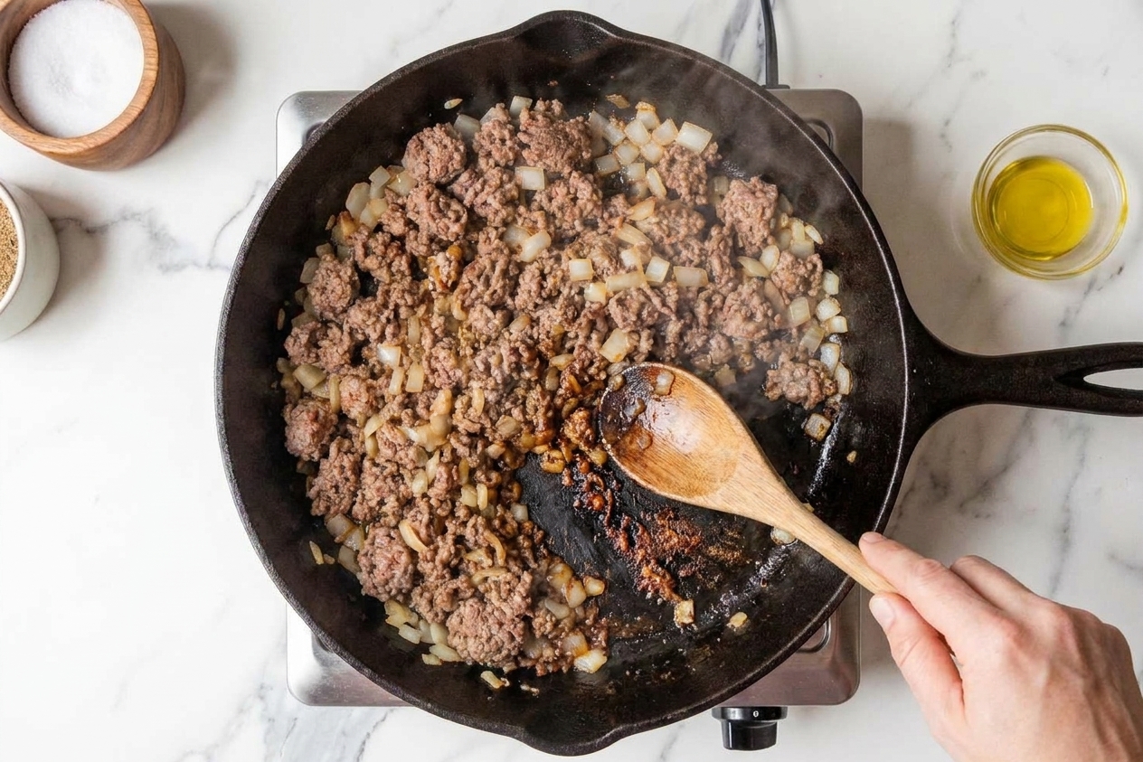 A skillet with browned ground beef and softened onions showing caramelized bits on the bottom of the pan