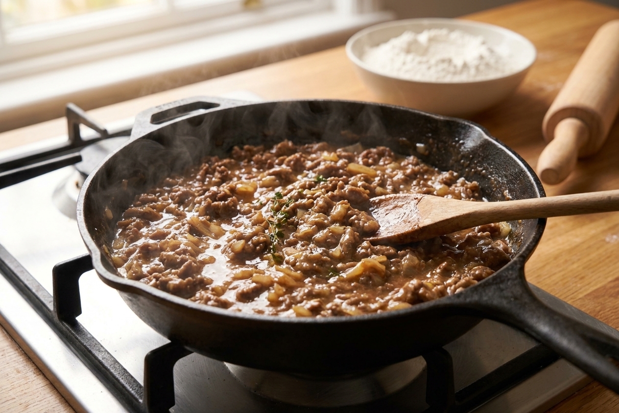 A skillet with browned ground beef filling simmering with onions and spices, thickened and glossy on a stovetop