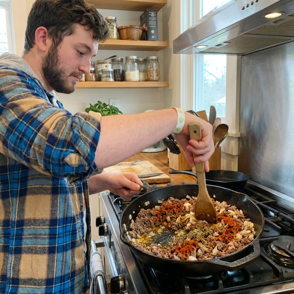 A skillet with browned ground beef, onions, and spices being stirred with a wooden spoon