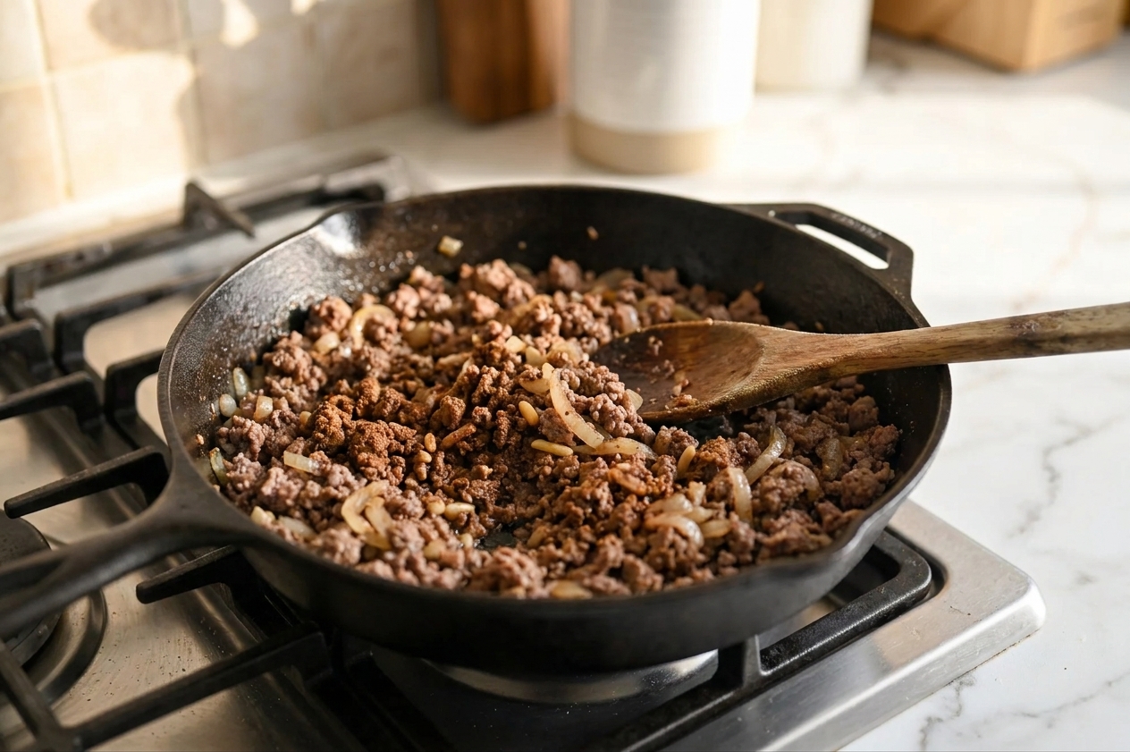 A skillet with browned ground meat and sautéed onions for kibbeh filling, spices visible, wooden spoon resting on the pan