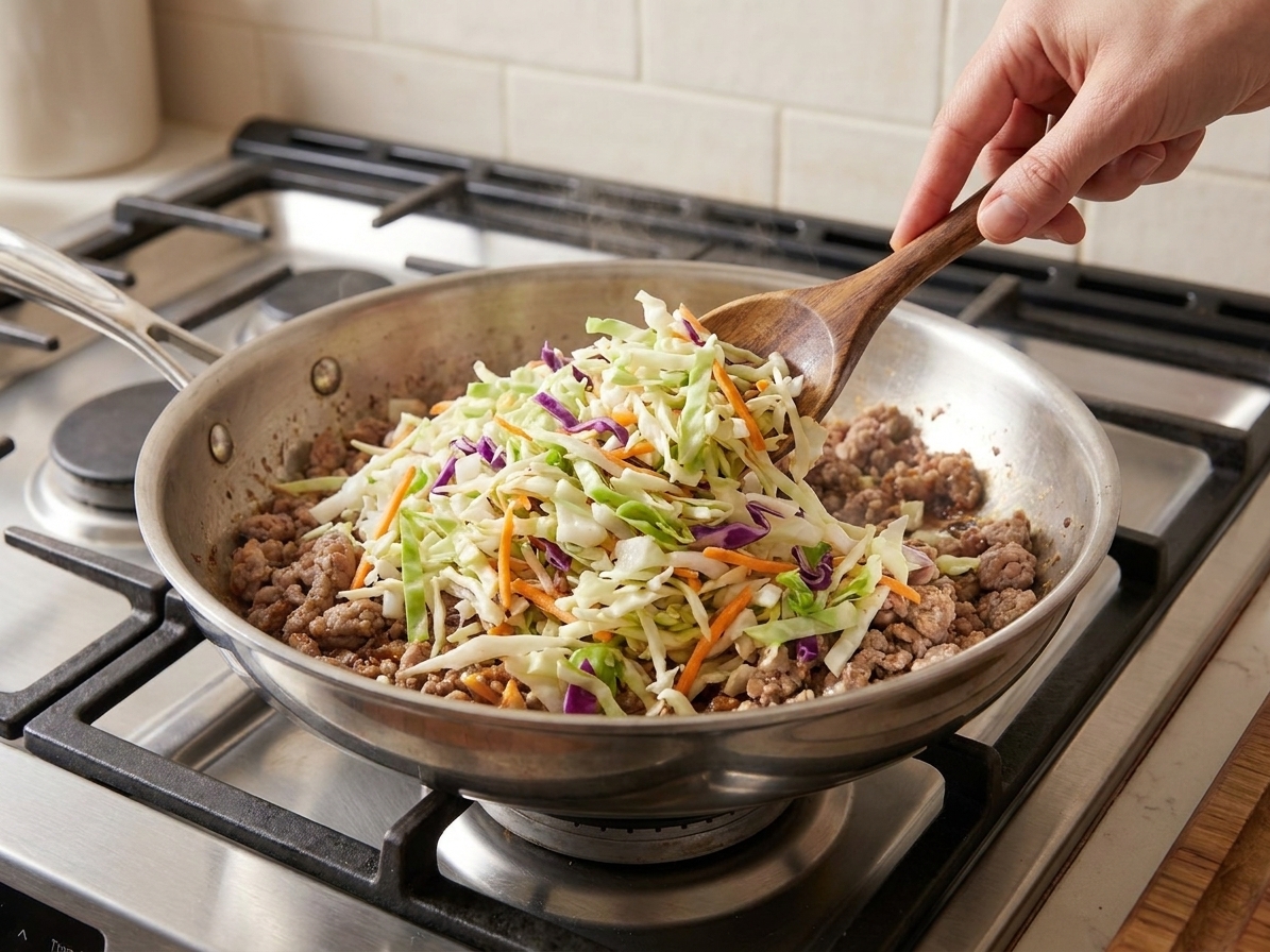 A skillet with browned meat and a mound of coleslaw mix being folded in with a wooden spoon