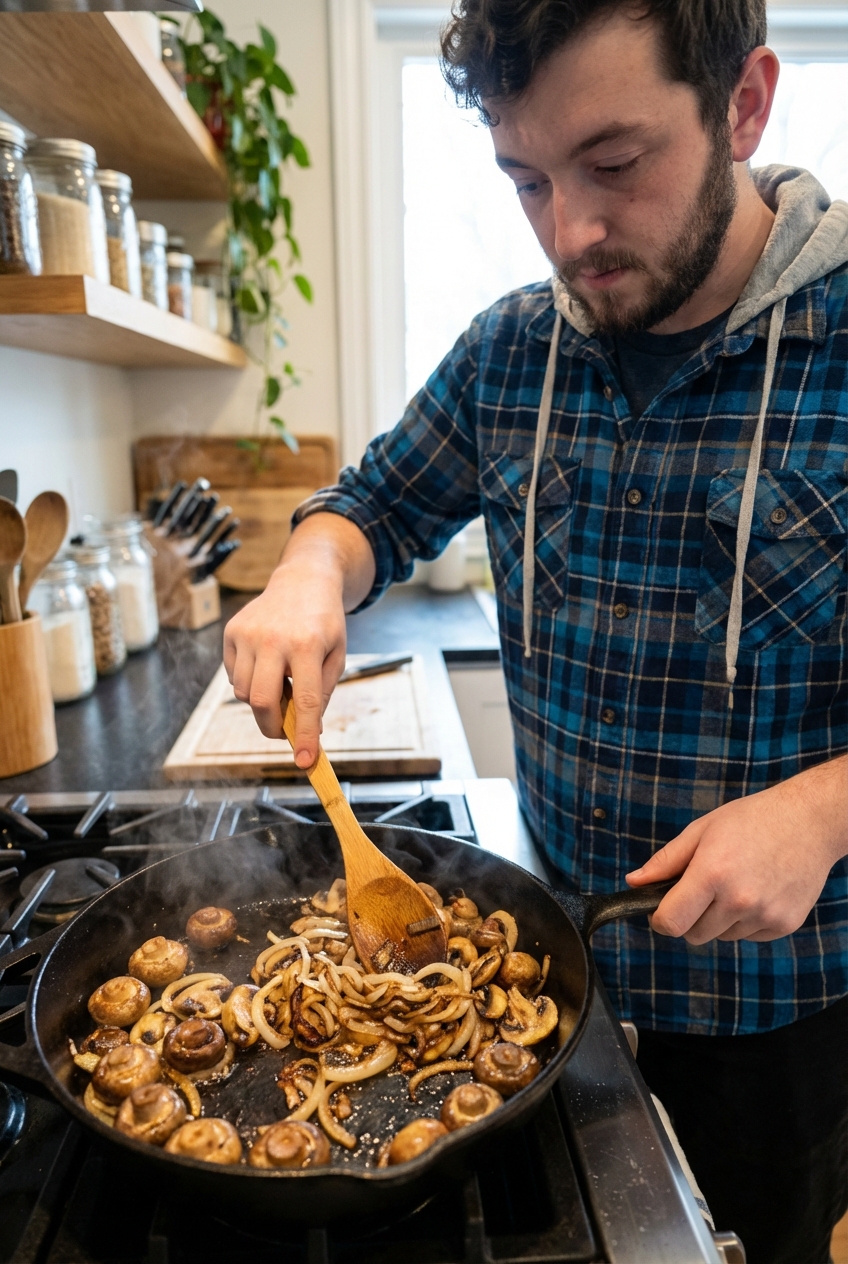A skillet with browned mushrooms and onions cooking, with a wooden spoon stirring