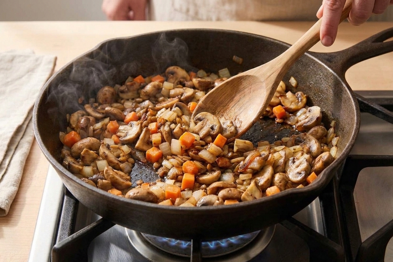 A skillet with browned mushrooms, carrots, and onions cooking down into a savory base for vegan shepherd’s pie
