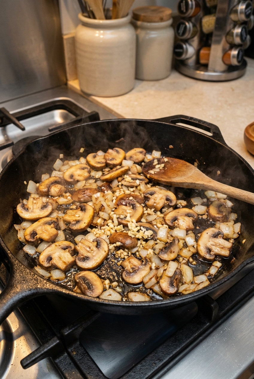 A skillet with browned mushrooms, onions, and garlic cooking