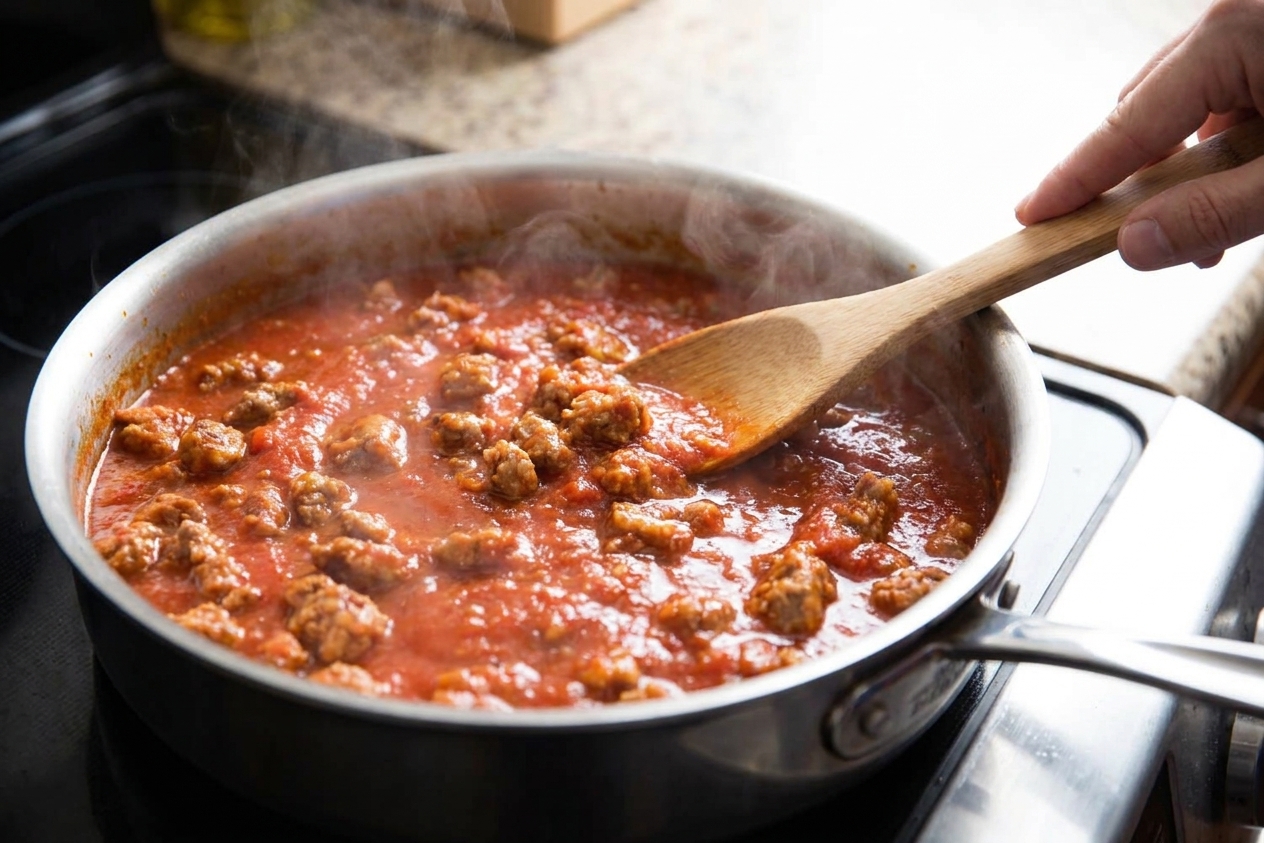A skillet with browned sausage simmering in marinara sauce, with a wooden spoon resting on the edge