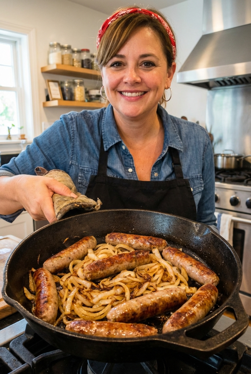 A skillet with browned sausages and caramelized onions