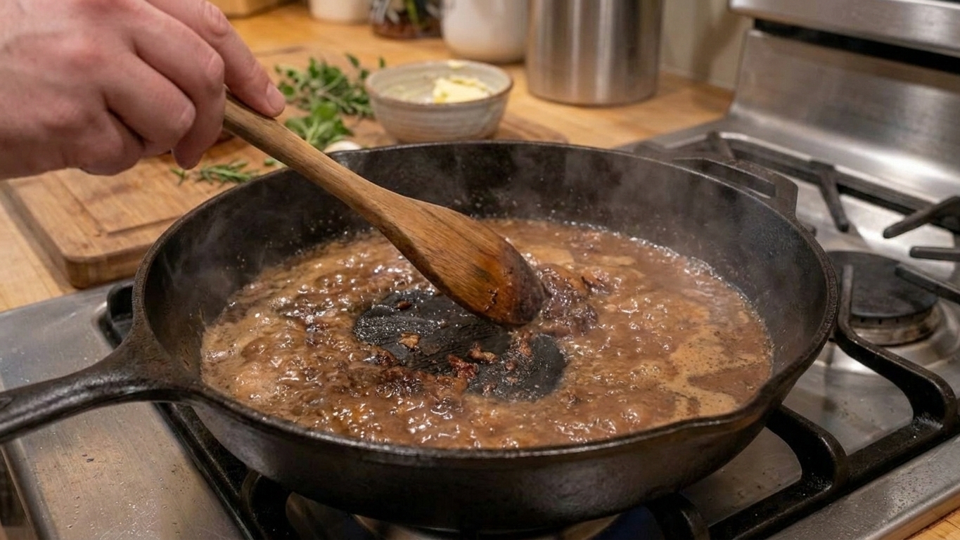 A skillet with bubbling beef pan sauce as a wooden spoon scrapes browned bits from the bottom