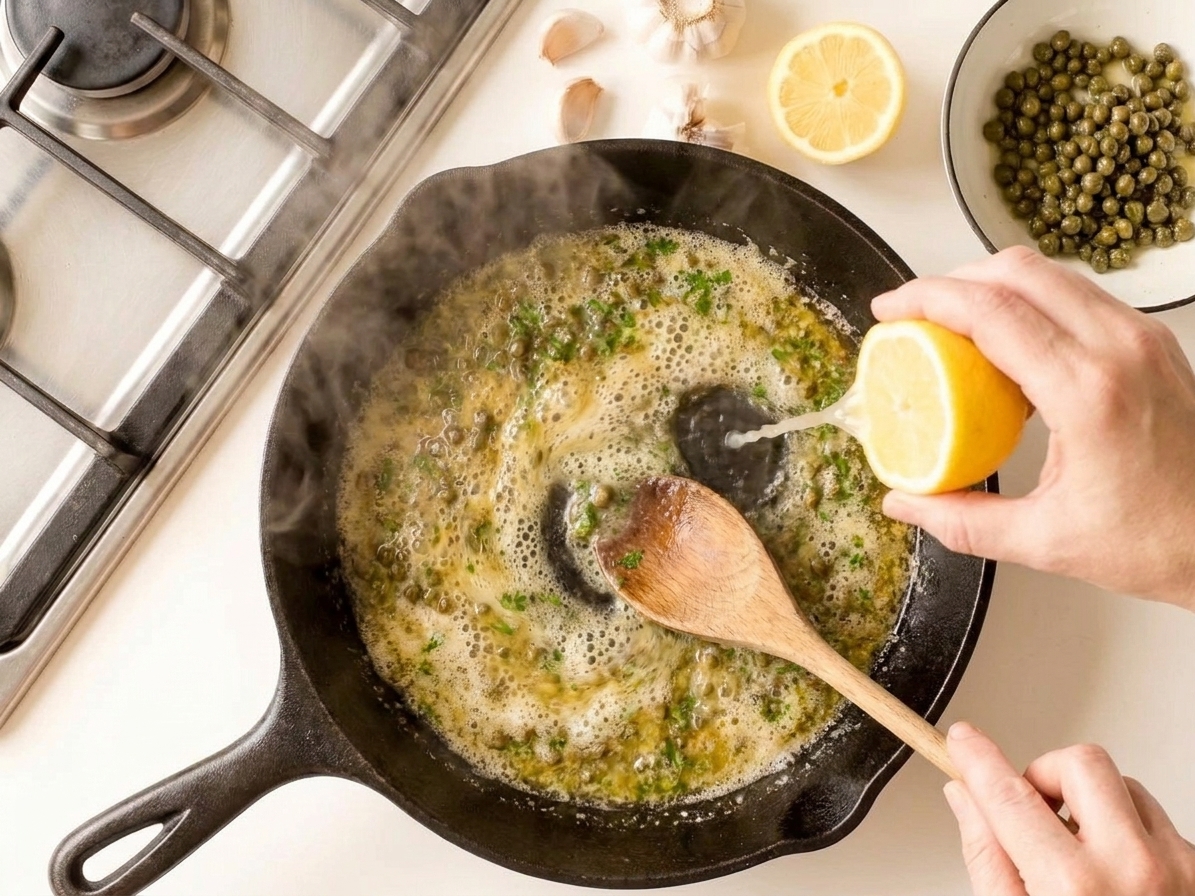 A skillet with bubbling butter sauce as lemon juice and capers are stirred in with a wooden spoon, steam rising on a home stove