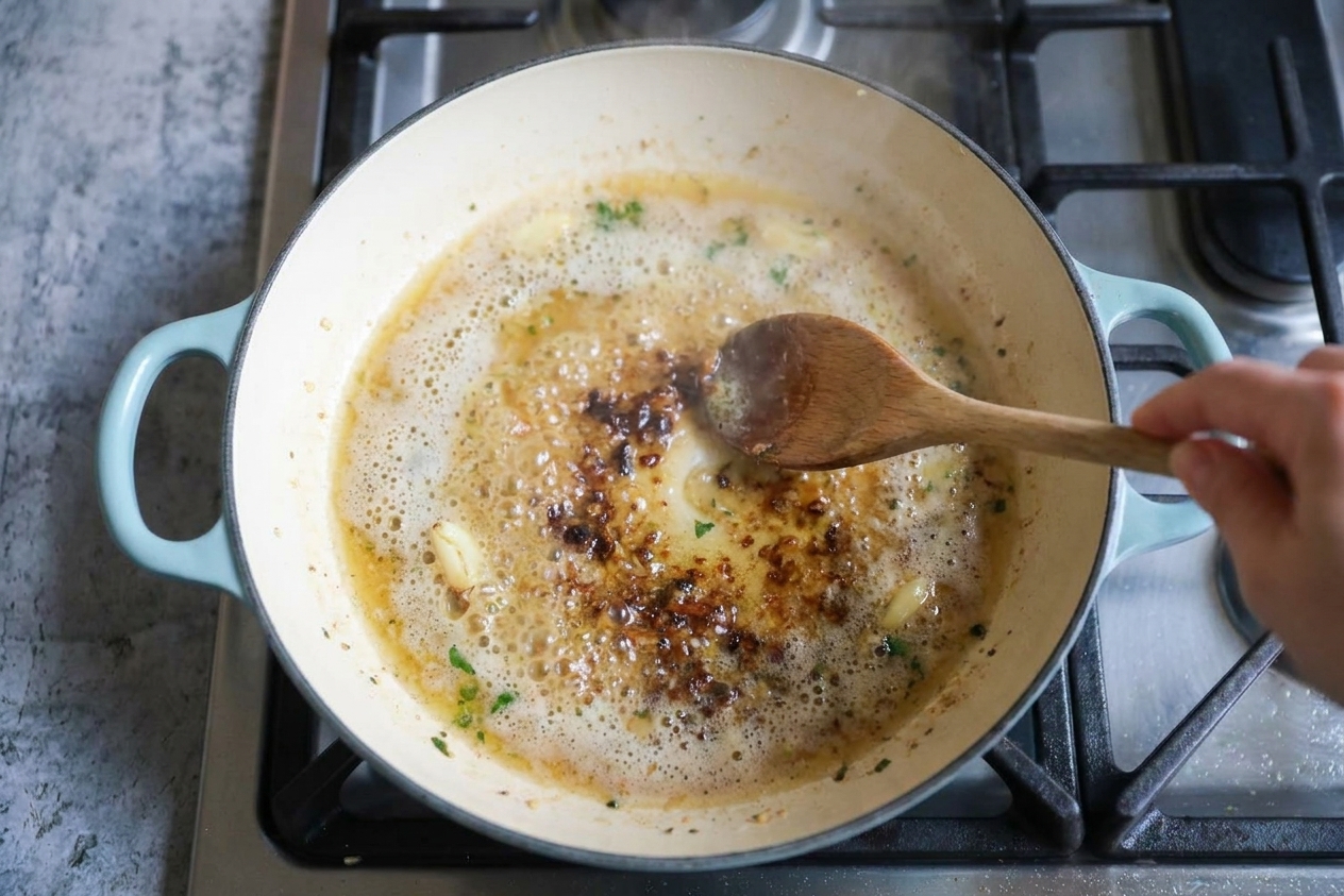 A skillet with bubbling garlic butter sauce being stirred after deglazing, with browned bits dissolving into the liquid