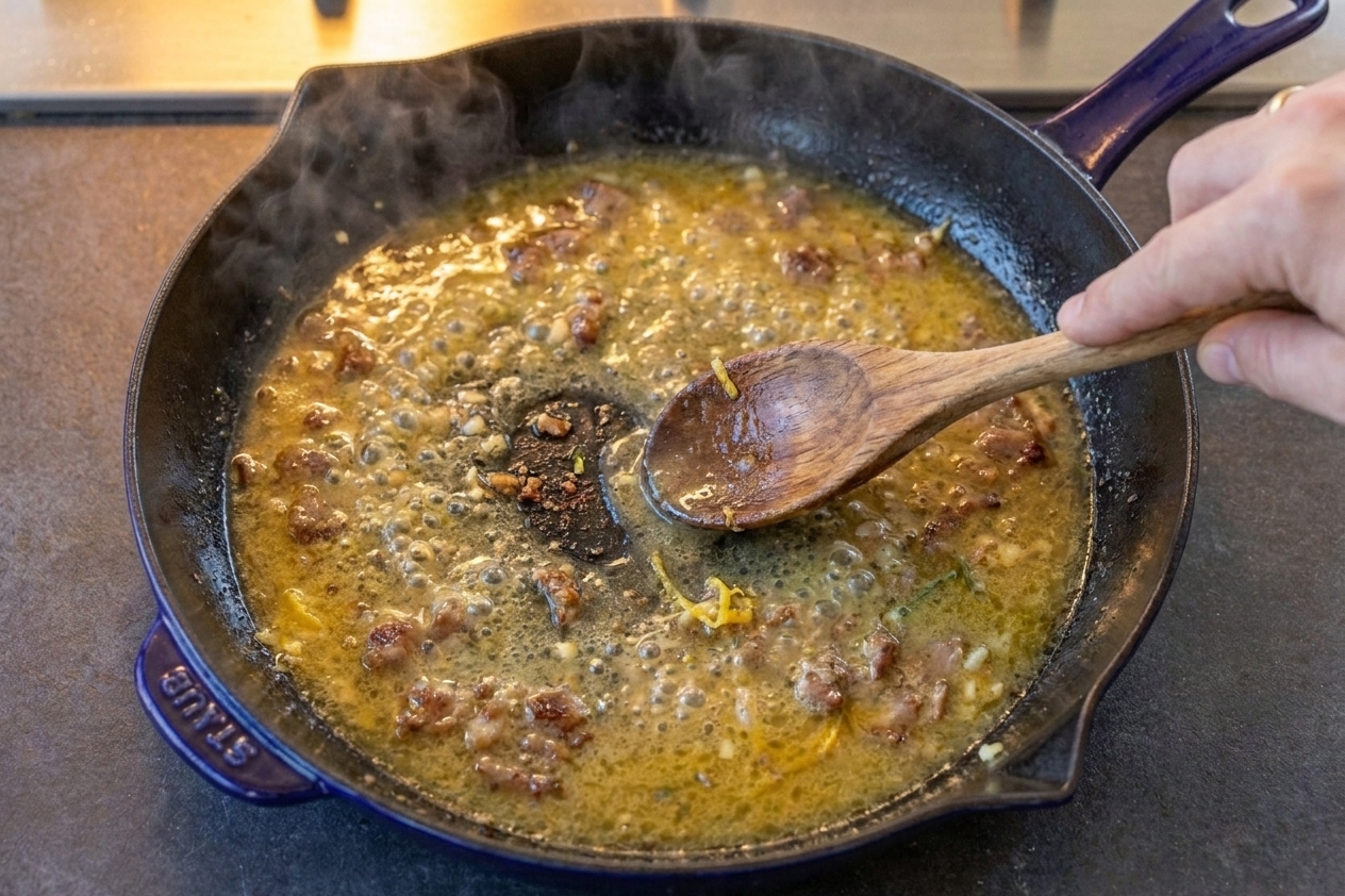 A skillet with bubbling lemon pan sauce being stirred with a wooden spoon as browned bits dissolve into the sauce on a stovetop