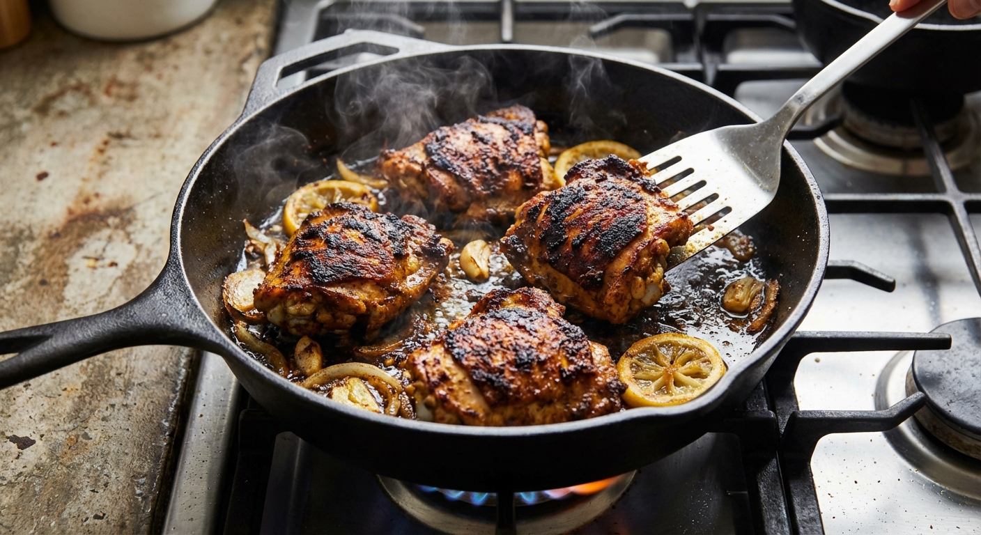 A skillet with chicken shawarma thighs sizzling with browned, charred edges
