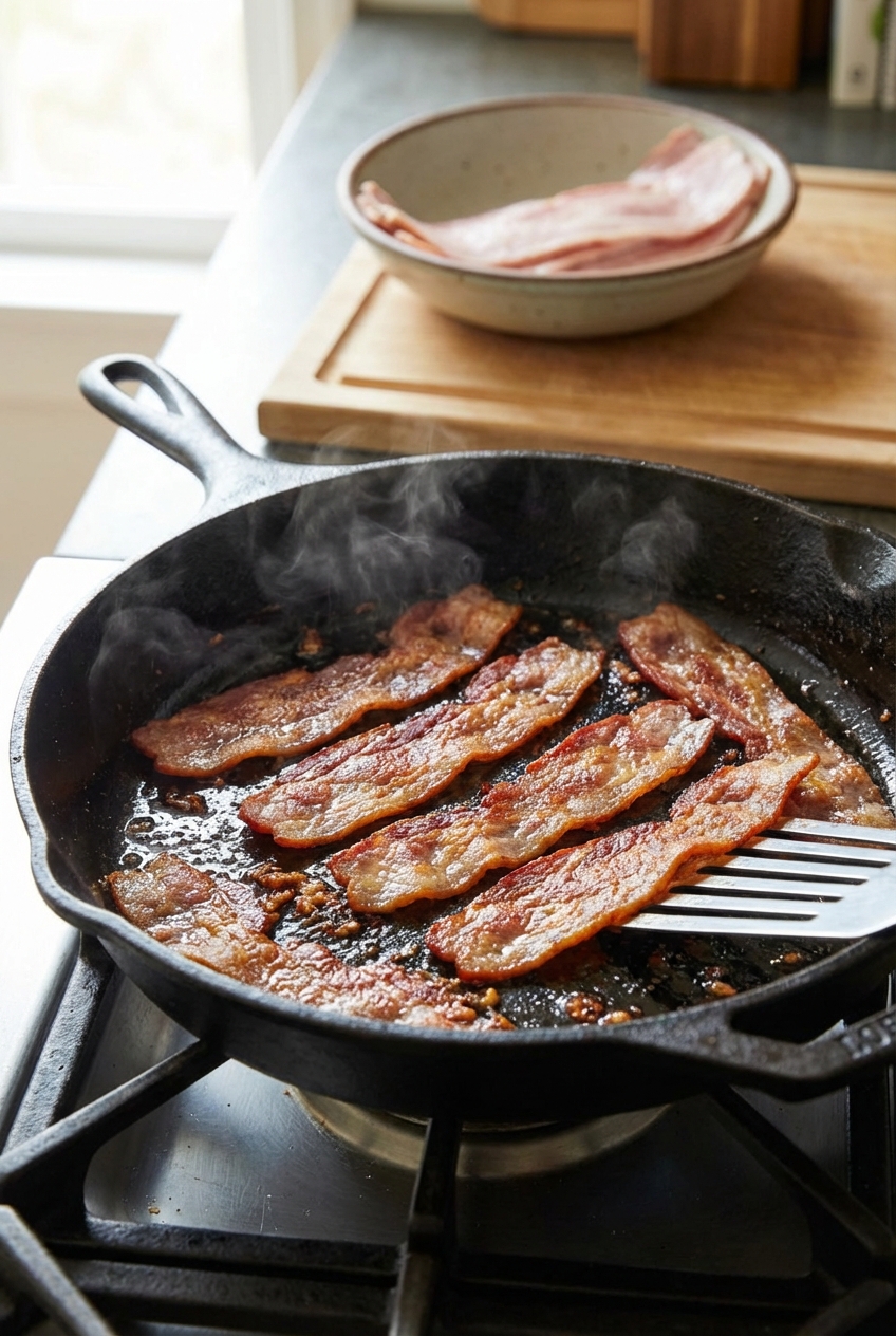 A skillet with crisp turkey bacon just finished cooking