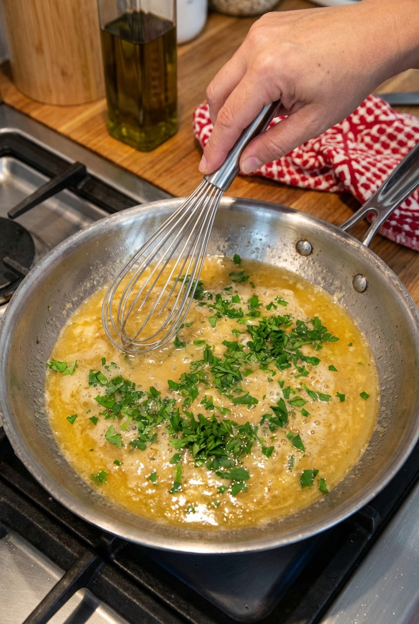 A skillet with glossy lemon garlic sauce being whisked, with parsley scattered on top