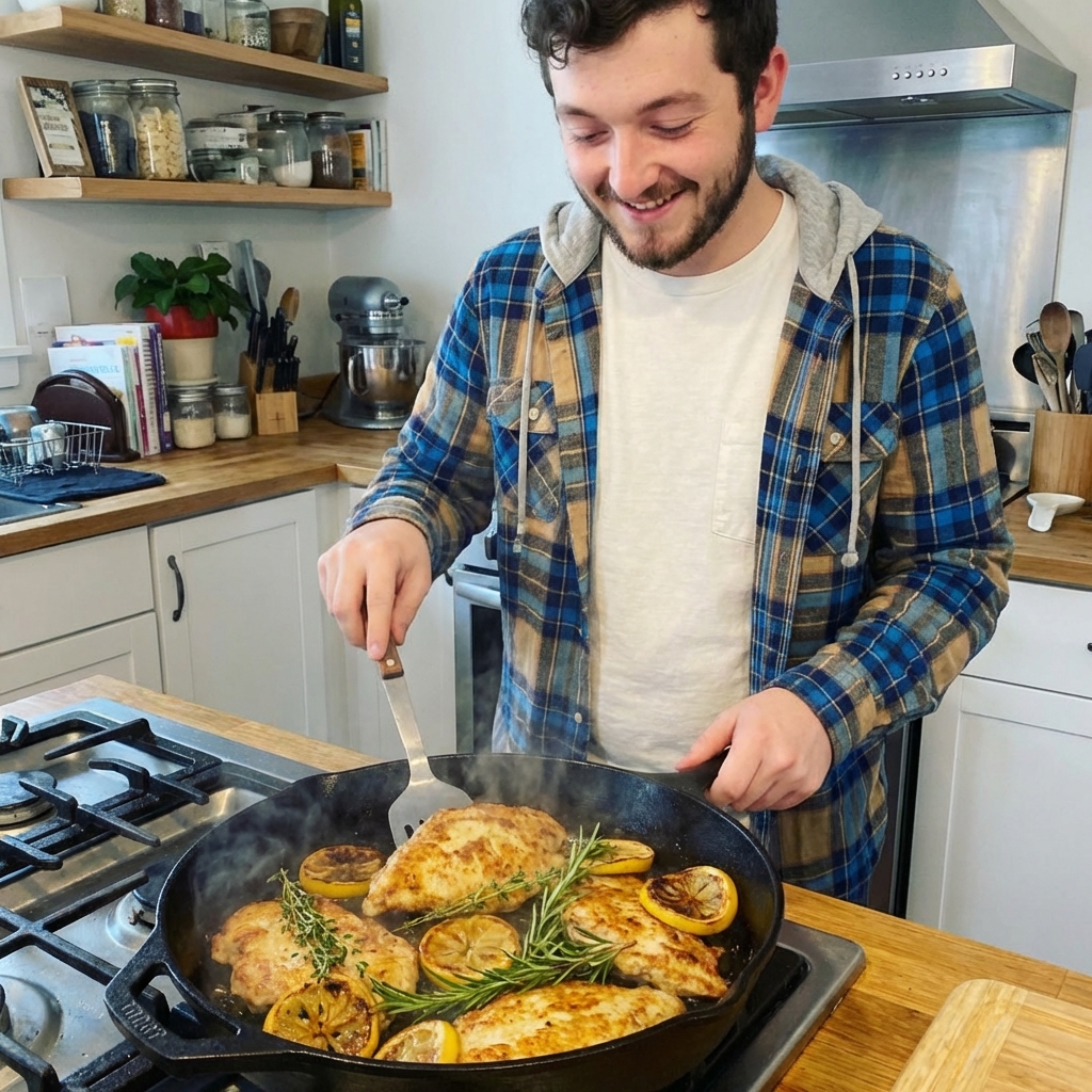 A skillet with golden seared chicken cutlets with lemon slices and herbs, steam rising in a home kitchen