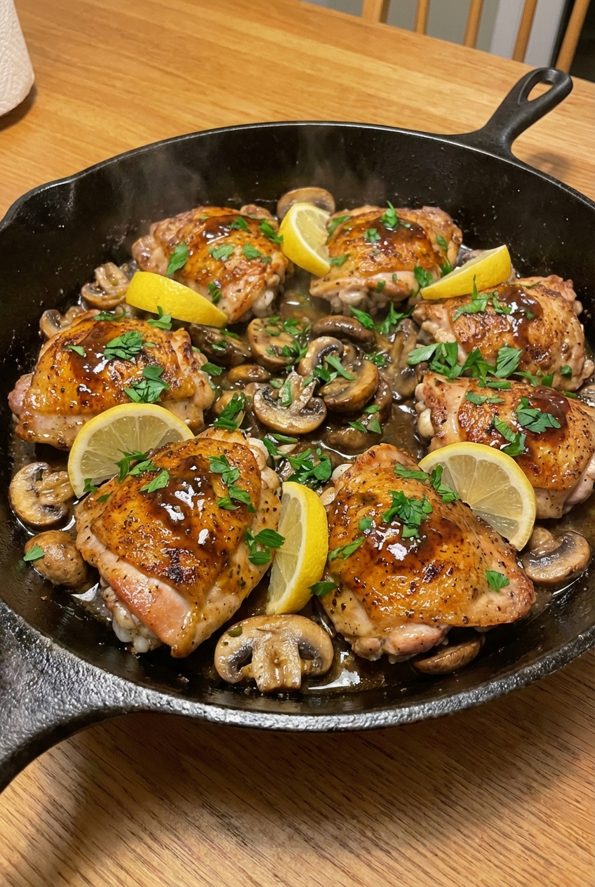 A skillet with golden seared chicken thighs and browned mushrooms coated in a glossy dark pan sauce, with lemon wedges and chopped parsley on top