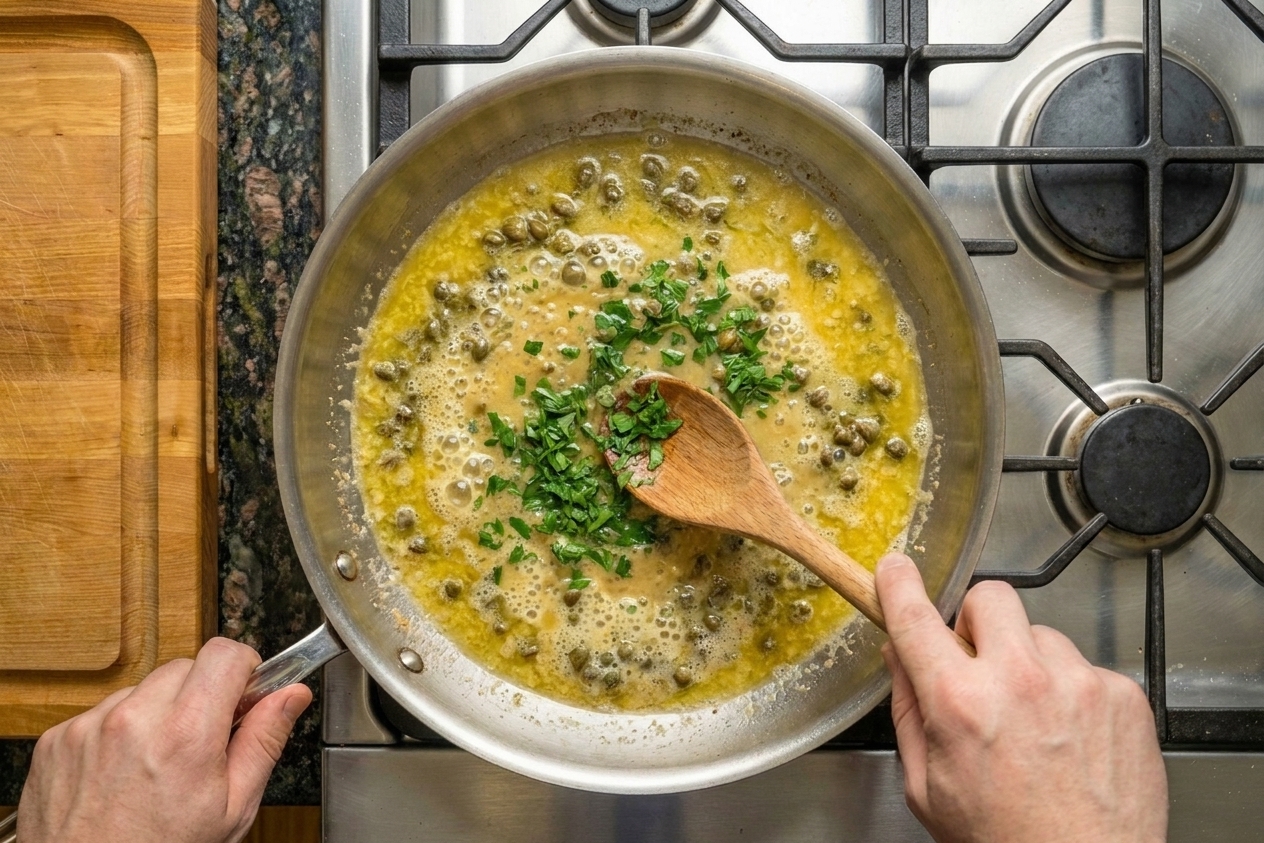 A skillet with lemon butter caper sauce simmering, with capers visible and chopped parsley being stirred in