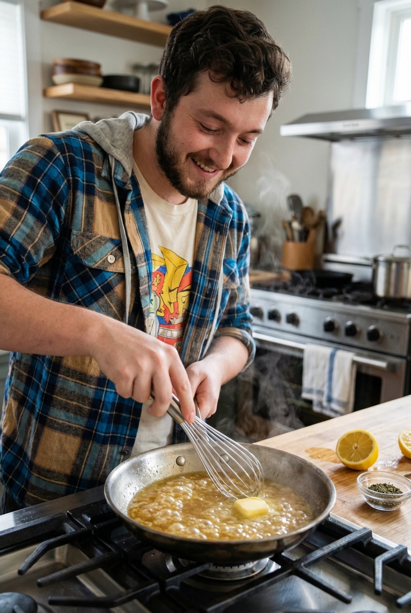 A skillet with lemon pan sauce being whisked until glossy with butter