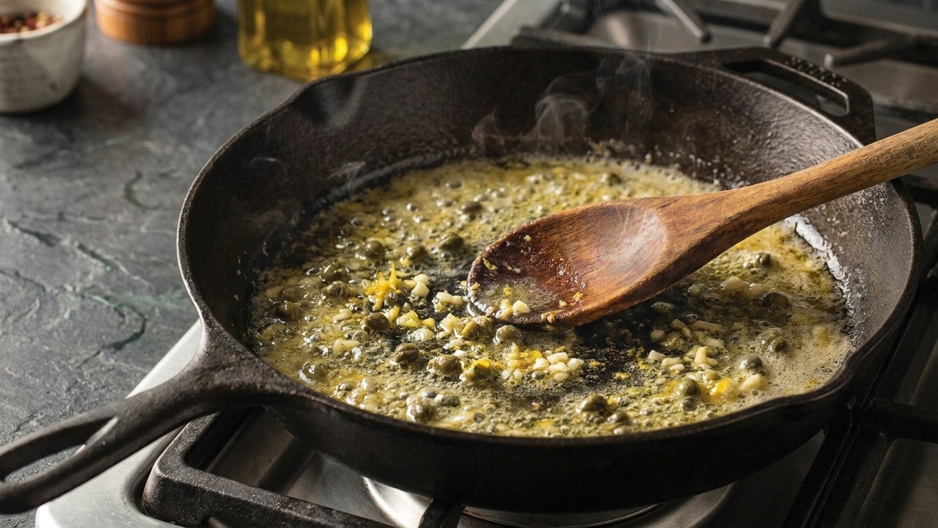A skillet with melted butter bubbling gently with capers, minced garlic, and lemon zest, being stirred with a wooden spoon