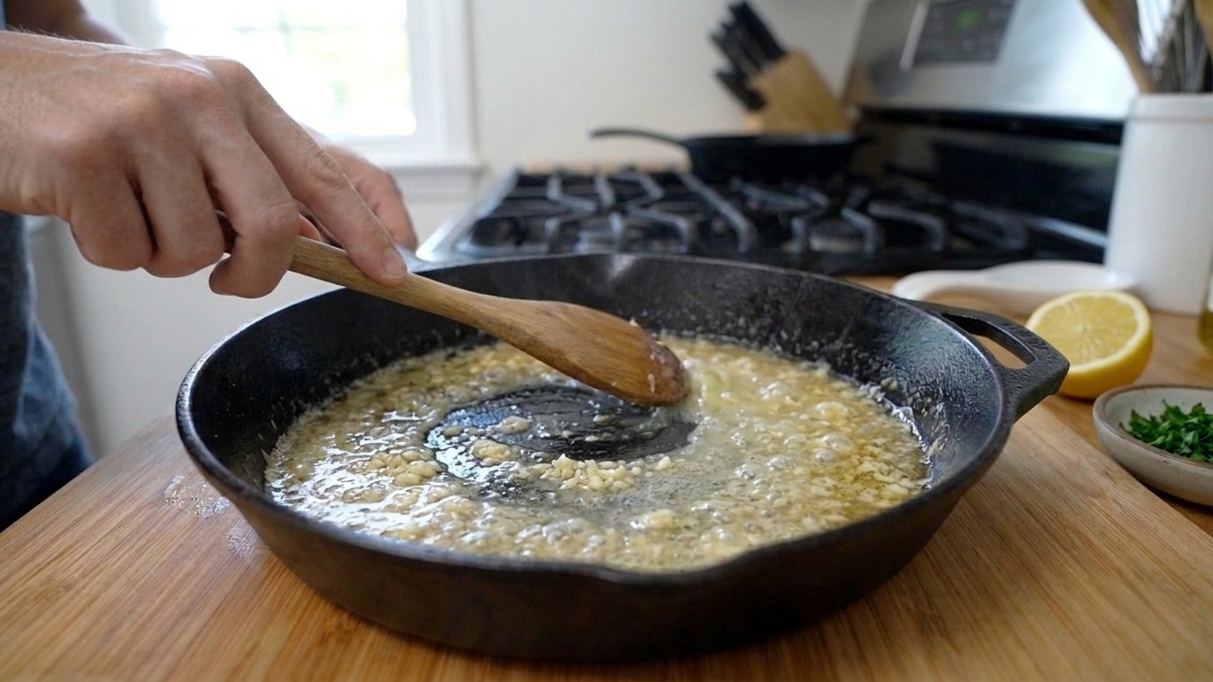 A skillet with melted butter, minced garlic, and lemon juice being stirred into a glossy pan sauce