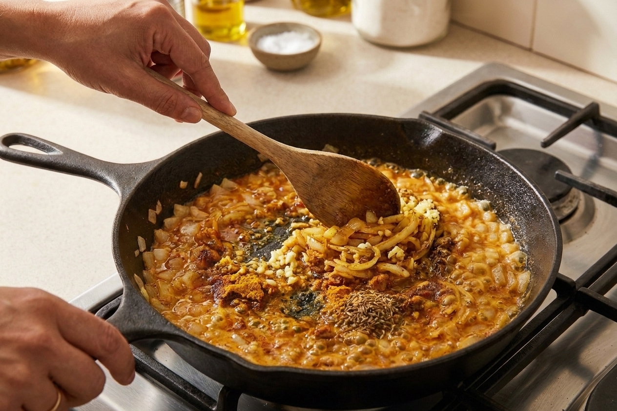 A skillet with onions and spices sizzling in oil, showing curry powder and garlic being stirred with a wooden spoon