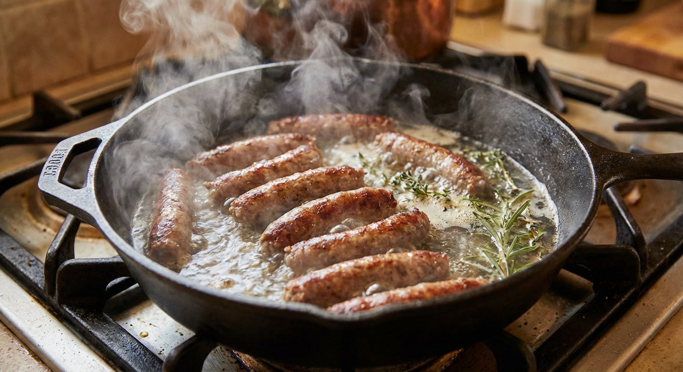 A skillet with sausage links simmering in a shallow layer of water as steam rises